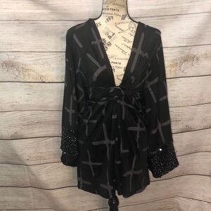 Narcisa Lang Dress Sequin Sleeves V-Neck Belted Size Small